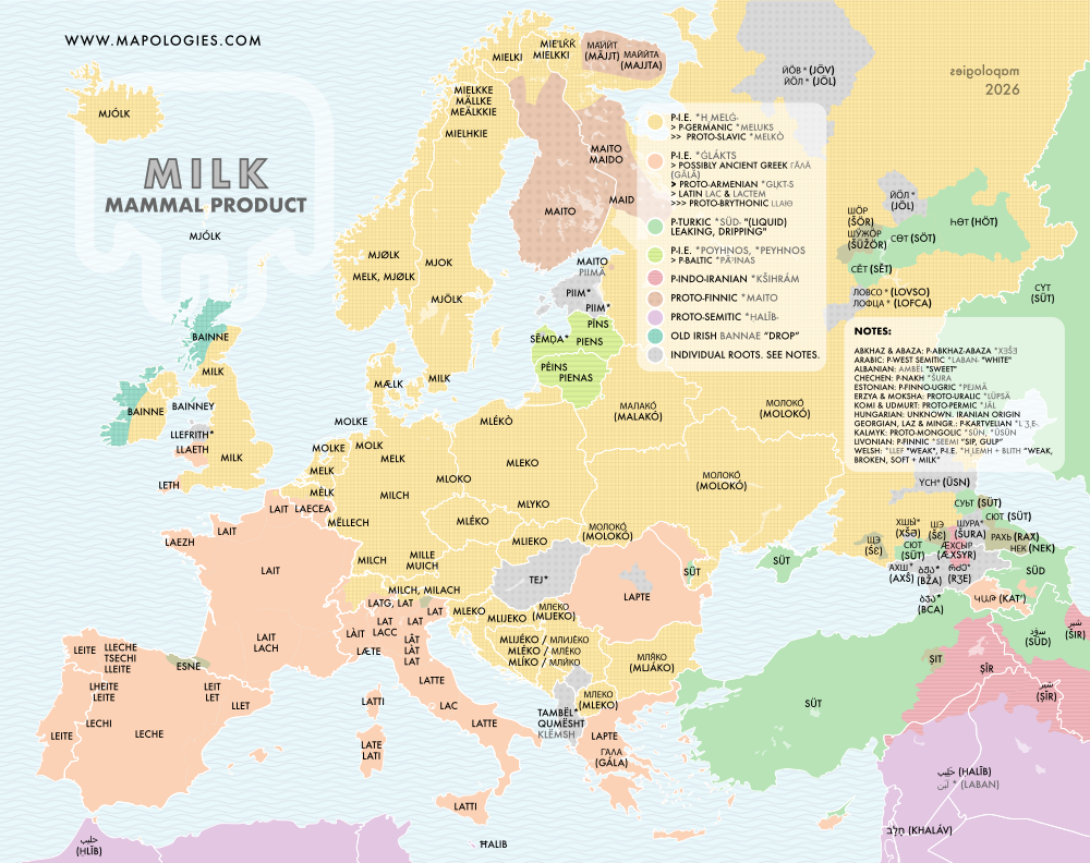 Etymology map of milk in several languages