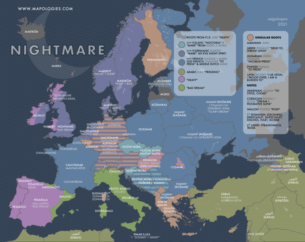 Etymology map of the word nightmare in several different languages
