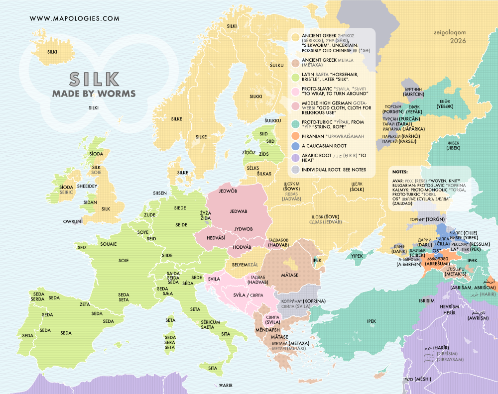 Etymology map of silk in several languages