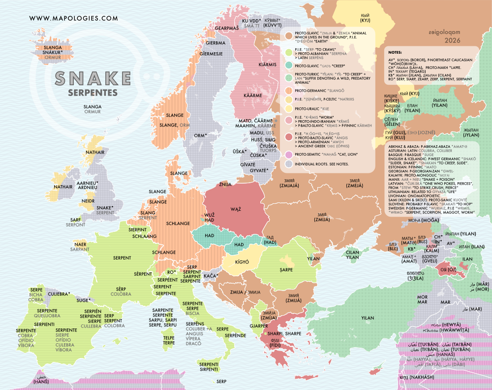 Etymology map of snake in several languages