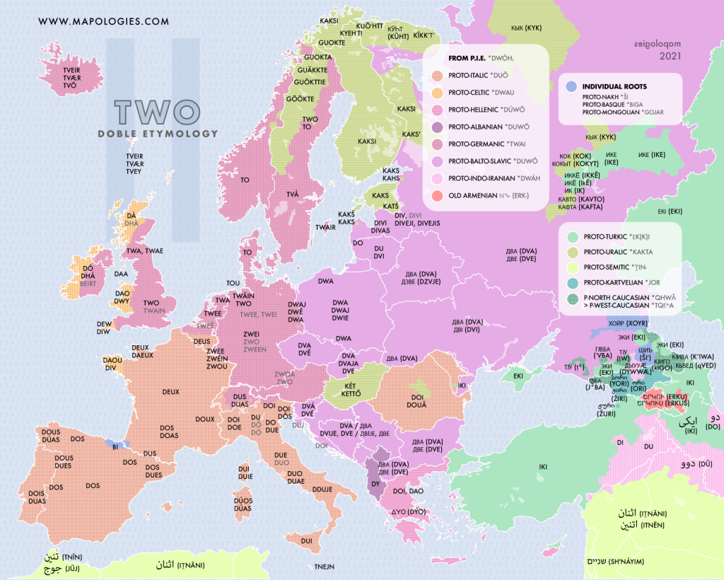 Mapping the different etymologies of the number two