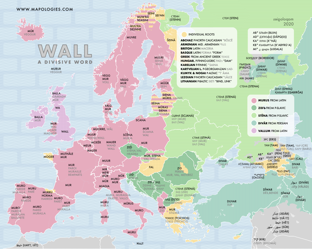 Etymology map of the word wall and its translations to different languages
