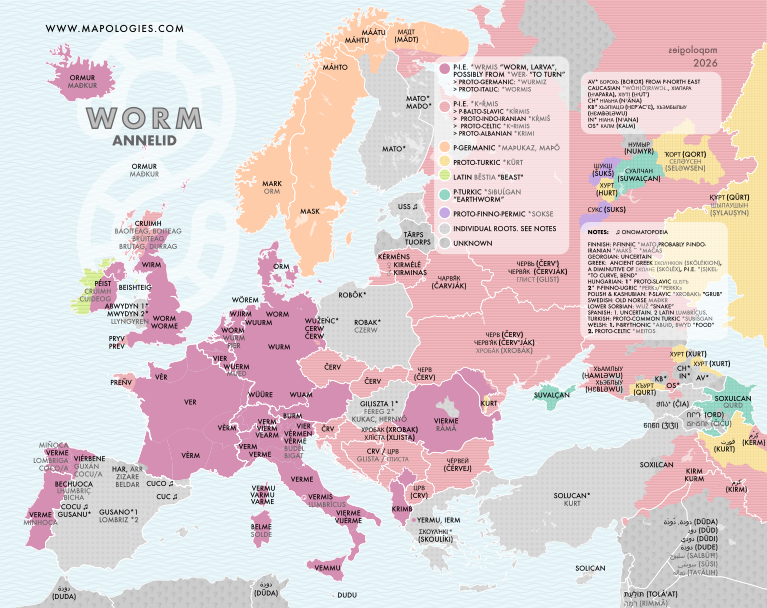 Etymology map of worm in several languages