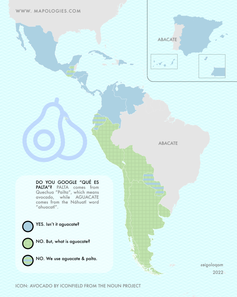 Map of the word "avocado" in the different varieties of Spanish