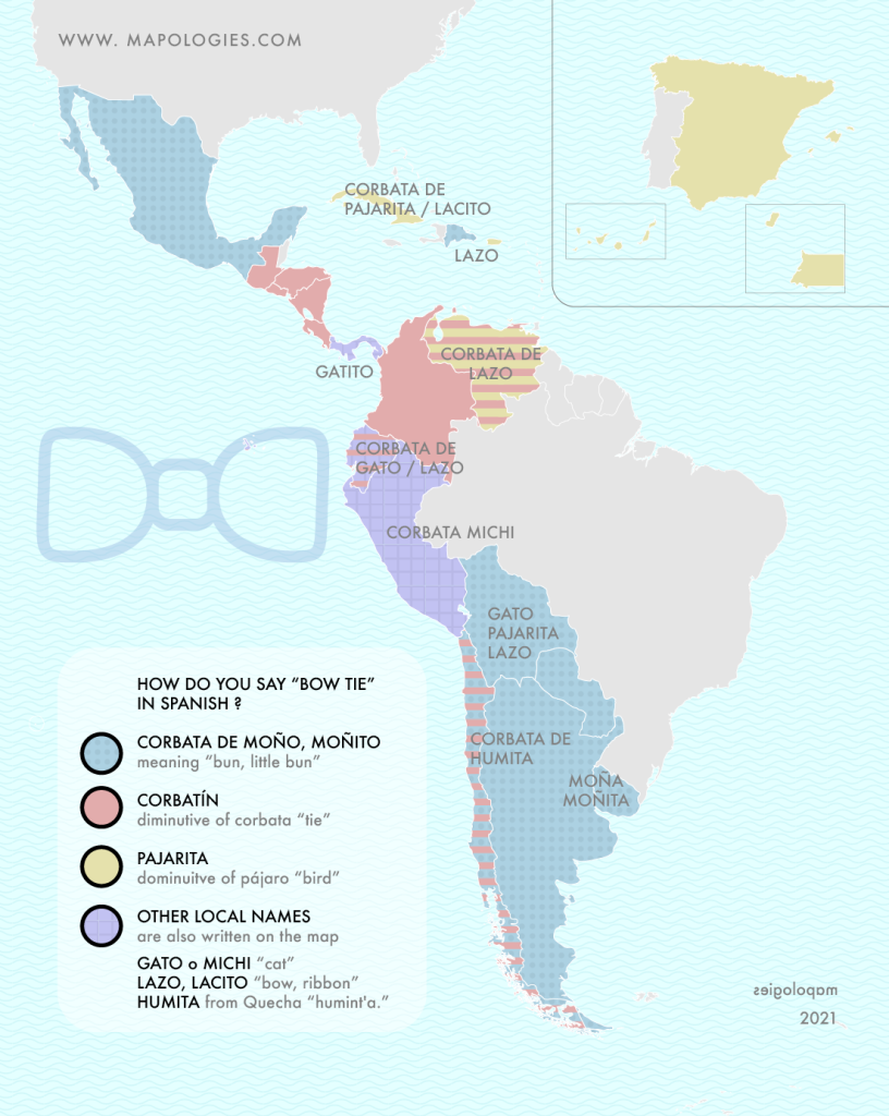 Map of the word "bowtie" in the different varieties of Spanish
