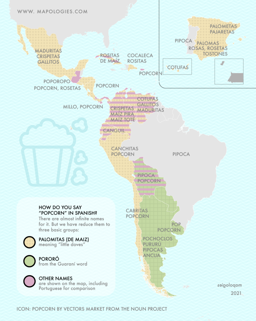 Map of the word "popcorn" in the different varieties of Spanish