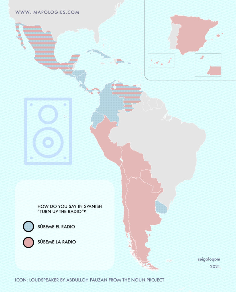 Map of the gender of the device "radio" in the different varieties of Spanish