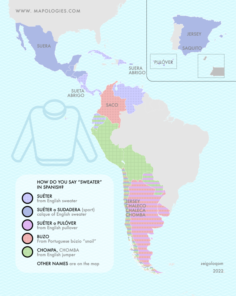 Map of the piece of clothing "sweater" in the different varieties of Spanish