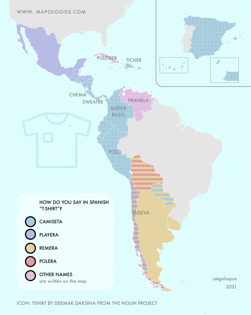 Map of the word "t-shirt" in the different varieties of Spanish