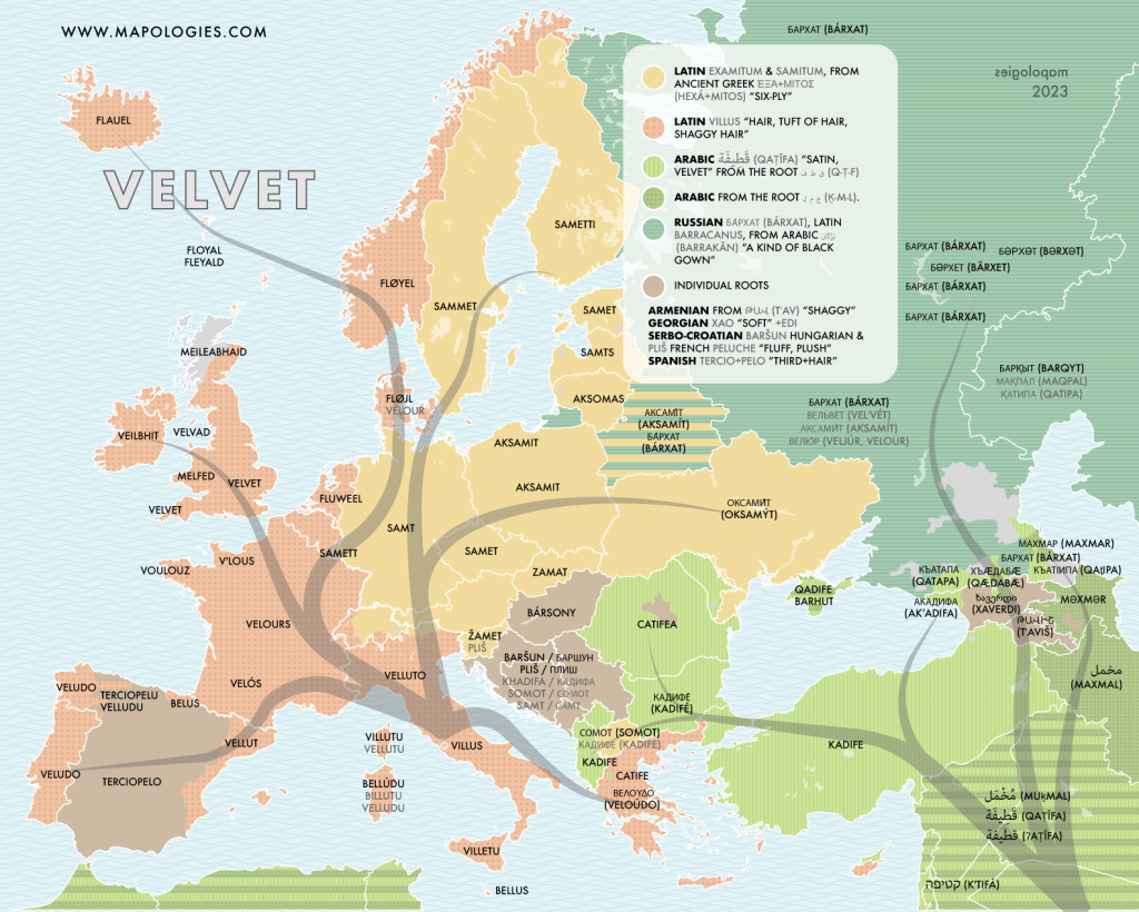 Etymology map of velvet