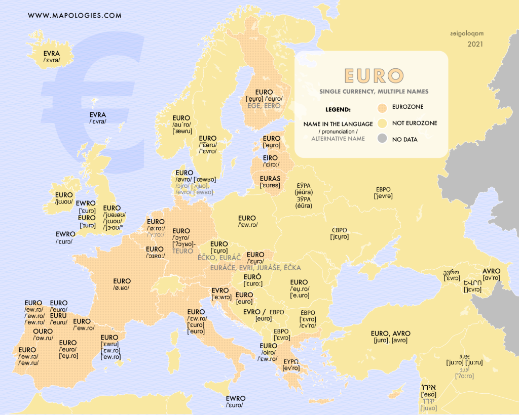 The pronunciation of the currency "euro" in different languages