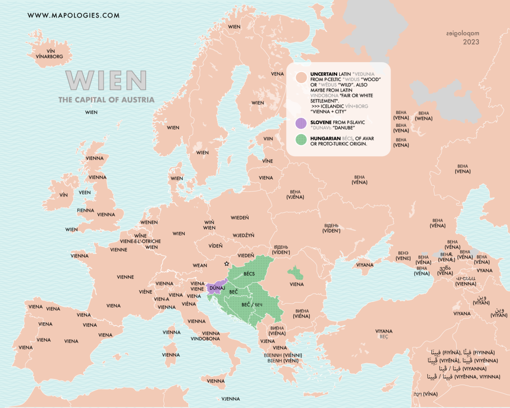 Wien or Vienna, the capital city of Austria, in different languages