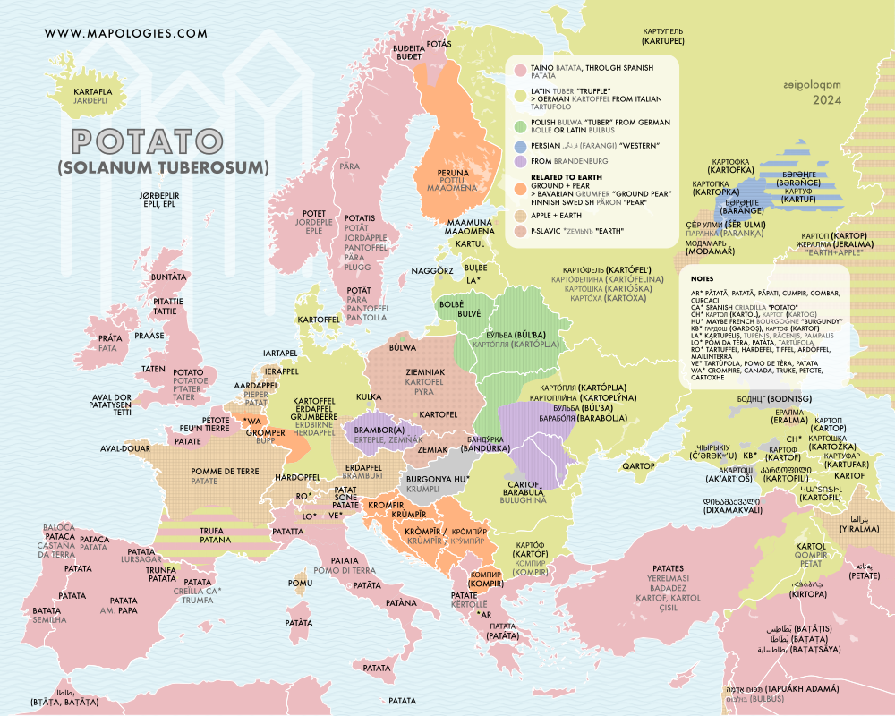Etymology map of potato (solanum tuerosum)