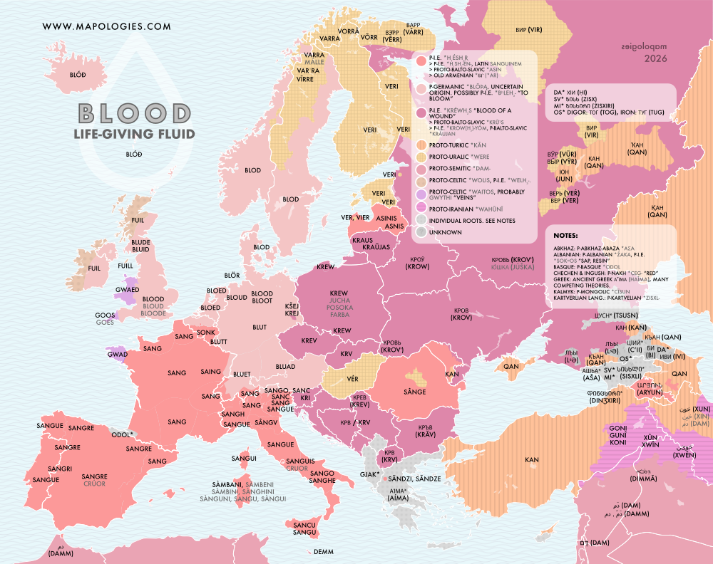 Etymology map of blood