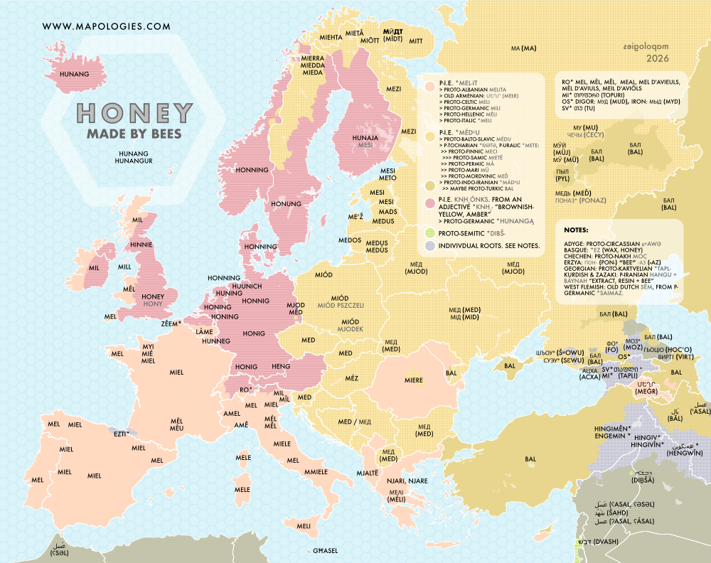 Etymology map of honey